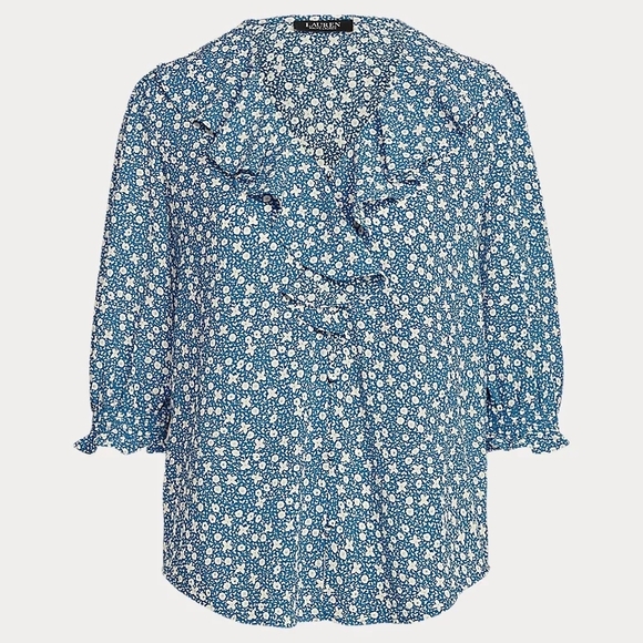 Ralph Lauren Tops - Lauren Ralph Lauren Blue Floral Ruffle Crepe Blouse Women's Size Large